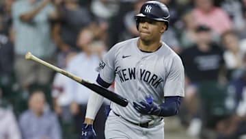 New York Yankees outfielder Juan Soto (22) rounds the bases after hitting a solo home run against the Chicago White Sox during the seventh inning at Guaranteed Rate Field.