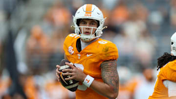 Sep 6, 2025; Knoxville, Tennessee, USA; Tennessee Volunteers quarterback Joey Aguilar (6) looks to pass the ball against the East Tennessee State Buccaneers during the second quarter at Neyland Stadium. Mandatory Credit: Randy Sartin-Imagn Images