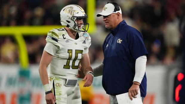 Georgia Tech quarterback Haynes King and head coach Brent Key as the Yellow Jackets play in the Gasparilla Bowl