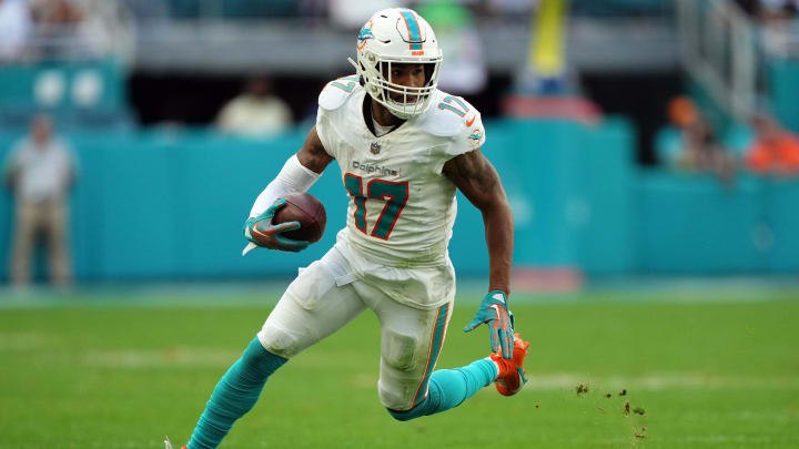 Miami Dolphins wide receiver Jaylen Waddle (17) runs with the ball against the New York Jets during the second half at Hard Rock Stadium in 2023.