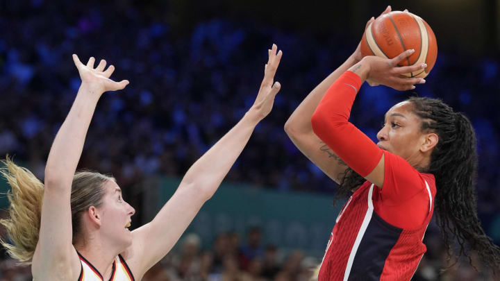 United States forward A'Ja Wilson (9) shoots against Germany 