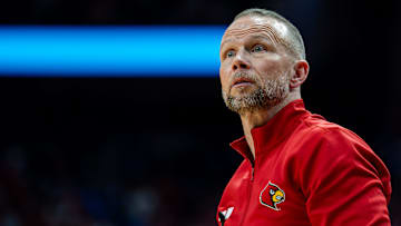 Louisville head coach Pat Kelsey worked the sideline during the second half as the Louisville Cardinals hosted the Kentucky Wildcats at the KFC Yum! Center on Tuesday, Nov. 11, 2025. The Cardinals defeated the Wildcats 96-88.