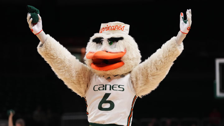 Dec 7, 2022; Coral Gables, Florida, USA; against the Miami Hurricanes mascot Sebastian the Ibis performs for the fans during the second half between the Miami Hurricanes and the Cornell Big Red at Watsco Center. Mandatory Credit: Jasen Vinlove-USA TODAY Sports