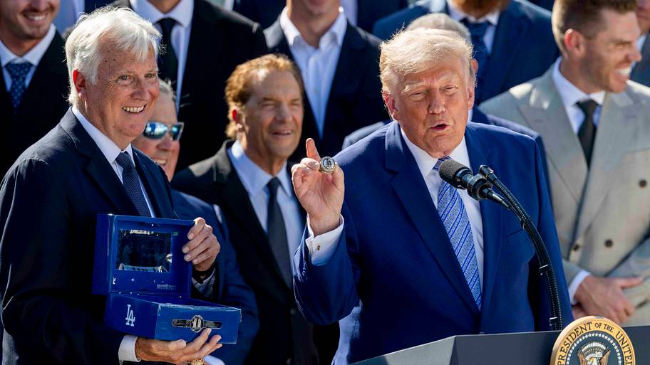 Mark Walter, owner of the Los Angeles Dodgers, presents a World Series Championship ring to President Donald Trump