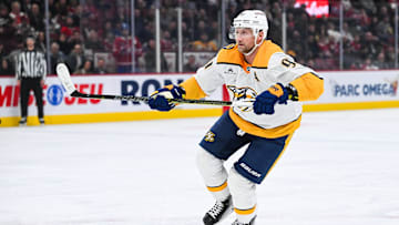 Dec 5, 2024; Montreal, Quebec, CAN; Nashville Predators center Steven Stamkos (91) skates against the Montreal Canadiens during the third period at Bell Centre. Mandatory Credit: David Kirouac-Imagn Images