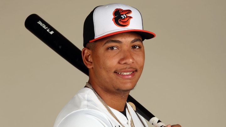 Feb 21, 2024; Sarasota, FL, USA; Baltimore Orioles catcher Samuel Basallo (89) poses for a photo during photo day at Ed Smith Stadium. Mandatory Credit: Kim Klement Neitzel-USA TODAY Sports