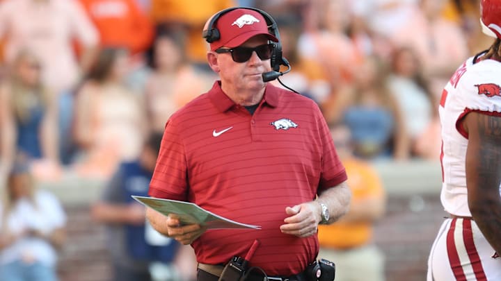 Oct 11, 2025; Knoxville, Tennessee, USA; Arkansas Razorbacks interim head coach Bobby Petrino during the first half against the Tennessee Volunteers at Neyland Stadium. Mandatory Credit: Randy Sartin-Imagn Images
