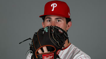 Feb 20, 2025; Clearwater, FL, USA; Philadelphia Phillies pitcher Andrew Painter (76) participates in media day at BayCare Ballpark. 