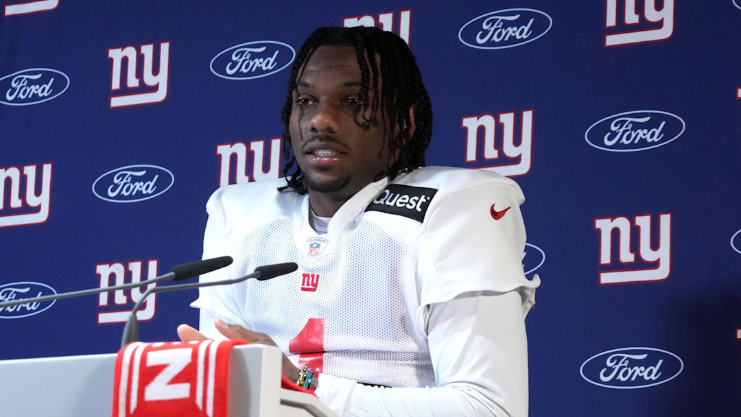 Nov 8, 2024; Munich, Germany; New York Giants wide receiver Malik Nabers (1) during a press conference at the FC Bayern Munchen training grounds at Sabener Strasse.  