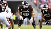 Texas A&M Aggies offensive lineman Trey Zuhn III (60) lines up during the fourth quarter against the Auburn Tigers at Kyle Field. 