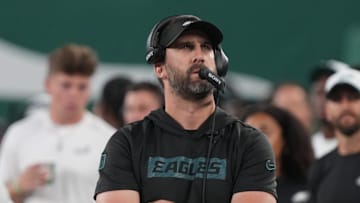 East Rutherford, NJ -- August 22, 2025 -- Eagles head coach Nick Sirianni on the sidelines in the first half. The Philadelphia Eagles came to MetLife Stadium to play the NY Jets in the final preseason season game.