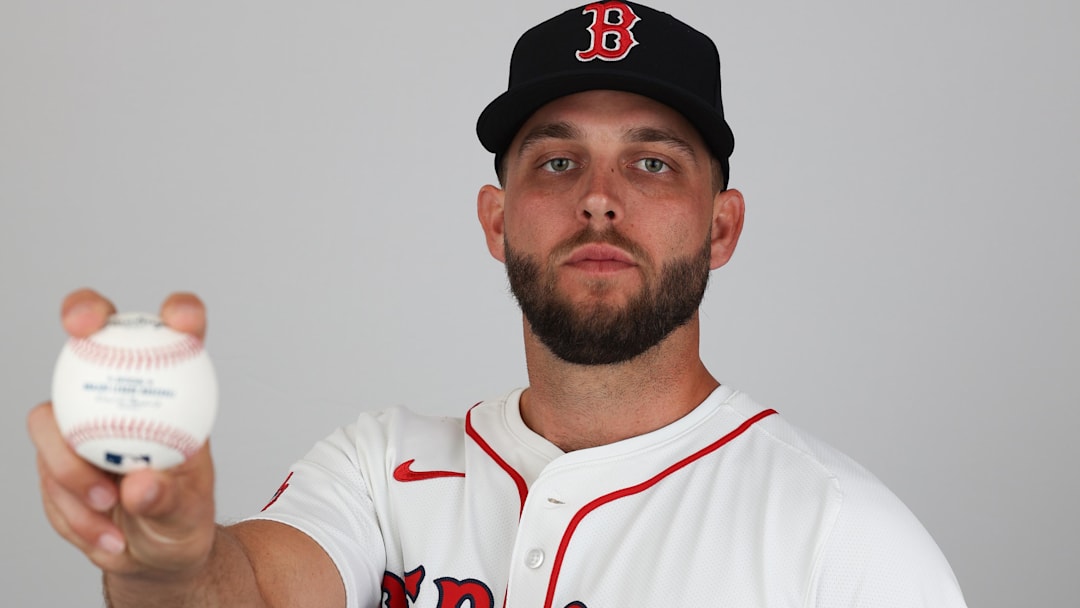 Feb 18, 2025; Lee County, FL, USA; Boston Red Sox pitcher Kutter Crawford (50) participates in media day at JetBlue Park at Fenway South.