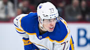 Dec 17, 2024; Montreal, Quebec, CAN; Buffalo Sabres right wing JJ Peterka (77) waits for a face-off against the Montreal Canadiens during the second period at Bell Centre. Mandatory Credit: David Kirouac-Imagn Images