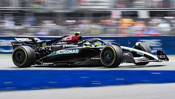 Jun 8, 2024; Montreal, Quebec, CAN; Mercedes driver Lewis Hamilton (GBR) races during FP3 practice session of the Canadian Grand Prix at Circuit Gilles Villeneuve. Mandatory Credit: David Kirouac-Imagn Images