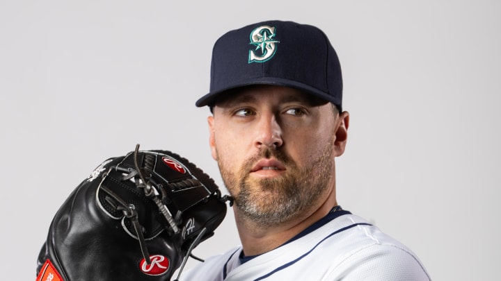 Seattle Mariners pitcher Heath Hembree poses for a portrait during photo day at Peoria Sports Complex in 2024.