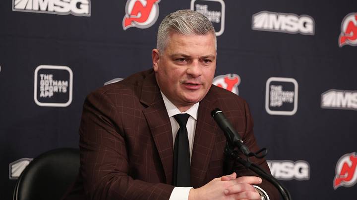 New Jersey Devils head coach Sheldon Keefe speaks to the media: Ed Mulholland-Imagn Images