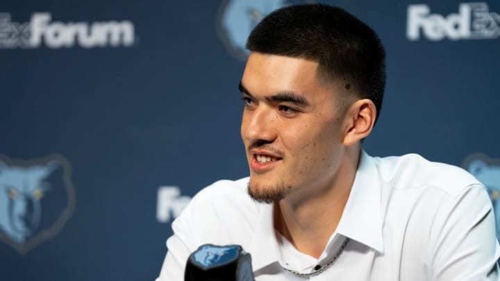 Zach Edey, a first-round draft pick for the Grizzlies, smiles during a press conference to introduce the team’s 2024 NBA Draft picks at FedExForum on Friday, June 28, 2024.