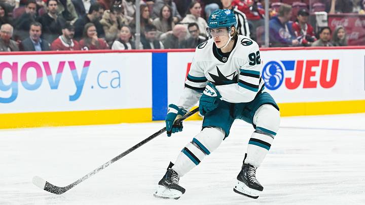 Oct 20, 2026; Montreal, Quebec, CAN; San Jose Sharks left wing Igor Chernyshov (92) skates against the Montreal Canadiens during the first period at Bell Centre. Mandatory Credit: David Kirouac-Imagn Images
