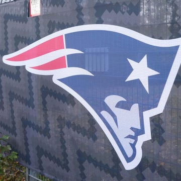 Nov 3, 2023; Frankfurt, Germany; Indianapolis Colts and New England Patriots logos on a banner at Deutsche Bank Park  (Waldstadion). The stadium is site of the 2023 NFL Frankfurt Games between the Miami Dolphins and Kansas City Chiefs (Nov. 5) and the Patriots and Colts (Nov. 12). Mandatory Credit: Kirby Lee-USA TODAY Sports