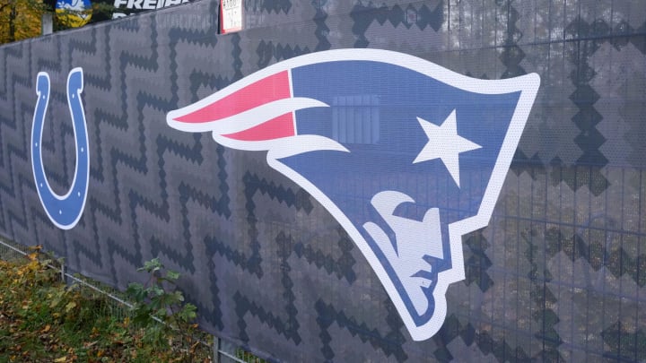 Nov 3, 2023; Frankfurt, Germany; Indianapolis Colts and New England Patriots logos on a banner at Deutsche Bank Park  (Waldstadion). The stadium is site of the 2023 NFL Frankfurt Games between the Miami Dolphins and Kansas City Chiefs (Nov. 5) and the Patriots and Colts (Nov. 12). Mandatory Credit: Kirby Lee-USA TODAY Sports