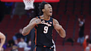 Nov 27, 2025; Chicago, Illinois, USA; Oklahoma State Cowboys guard Anthony Roy (9) celebrates after scoring against the Northwestern Wildcats during the second half at United Center. Mandatory Credit: Kamil Krzaczynski-Imagn Images