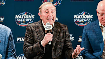 Feb 12, 2025; Montreal, Quebec, CAN; [Imagn Images direct customers only] NHL commissioner Gary Bettman addresses the press before a 4 Nations Face-Off ice hockey game at Bell Centre. Mandatory Credit: David Kirouac-Imagn Images
