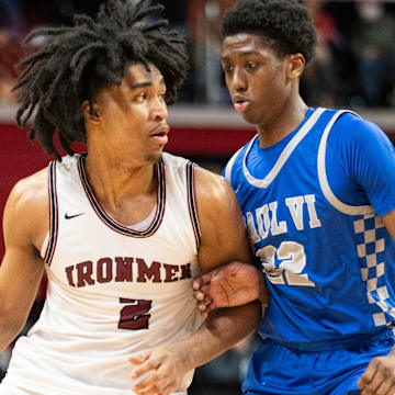 Mar 8, 2024; Piscataway, New Jersey, United States; Don Bosco vs. Paul VI in the Non-Public A championship at Jersey Mike's Arena. DB #2 Dylan Harper tries to get past P #22 Isaiah Thomas.