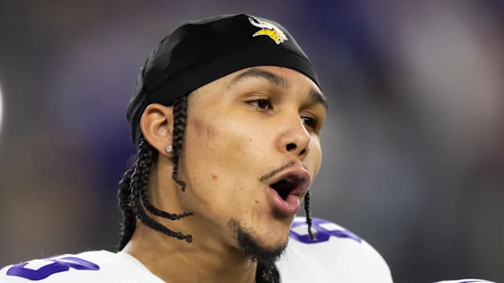 Jan 13, 2025; Glendale, AZ, USA; Minnesota Vikings wide receiver Jalen Nailor (83) against the Los Angeles Rams during an NFC wild card game at State Farm Stadium. Mandatory Credit: Mark J. Rebilas-Imagn Images