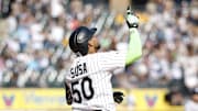 Chicago White Sox first baseman Lenyn Sosa (50) celebrates after hitting a solo home run against the New York Yankees at Rate Field. 