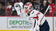 Apr 27, 2025; Montreal, Quebec, CAN; Washington Capitals goalie Logan Thompson (48) takes shots during warm-up before a game against the Montreal Canadiens in game four of the first round of the 2025 Stanley Cup Playoffs at Bell Centre. Mandatory Credit: David Kirouac-Imagn Images