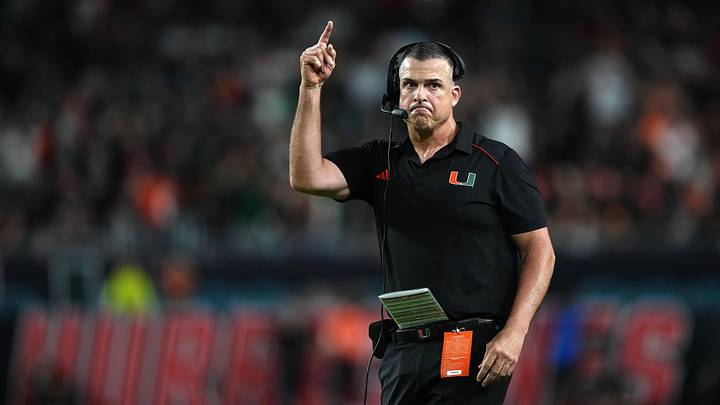 Oct 7, 2023; Miami Gardens, Florida, USA; Miami Hurricanes head coach Mario Cristobal gestures in the second half against the Georgia Tech Yellow Jackets at Hard Rock Stadium. Mandatory Credit: Jasen Vinlove-Imagn Images