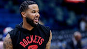 Feb 8, 2022; New Orleans, Louisiana, USA;  Houston Rockets guard D.J. Augustin (14) before the game against the New Orleans Pelicans at the Smoothie King Center. Mandatory Credit: Stephen Lew-Imagn Images