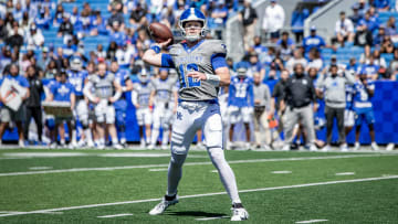 Kentucky quarterback Brock Vandagriff (12) tossed a touchdown to Dane Key during the Kentucky Wildcats' Blue White scrimmage at Kroger Field on Saturday afternoon in Lexington, Kentucky. April 13, 2024