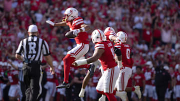 Oct 4, 2025; Lincoln, Nebraska, USA; Nebraska Cornhuskers defensive back DeShon Singleton (8) celebrates after making an interception during the game against Michigan State.