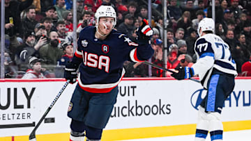 Team USA forward Matthew Tkachuk (19) celebrates his goal against Team Finland. Mandatory Credit: David Kirouac-Imagn Images