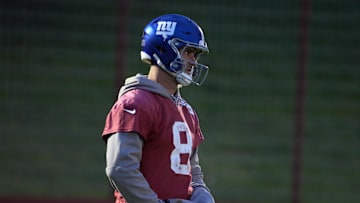 Nov 8, 2024; Munich, Germany; New York Giants quarterback Daniel Jones (8) during practice at the FC Bayern Munchen training grounds at Sabener Strasse.  Mandatory Credit: Kirby Lee-Imagn Images