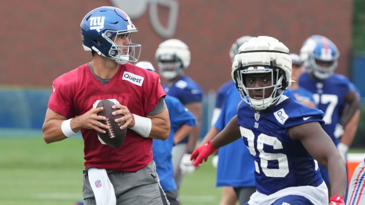 East Rutherford, NJ -- July 24, 2024 -- Quarterback, Daniel Jones during the first day of training camp for the 2024 New York Giants.