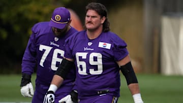 Oct 4, 2024; Watford, United Kingdom; Minnesota Vikings guard Dan Feeney (69) during practice at The Grove. Mandatory Credit: Kirby Lee-Imagn Images