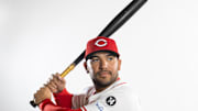 Feb 18, 2025; Goodyear, AZ, USA; Cincinnati Reds catcher Jose Trevino poses for a portrait during Media Day at the Cincinnati Reds Development Complex. Mandatory Credit: Mark J. Rebilas-Imagn Images