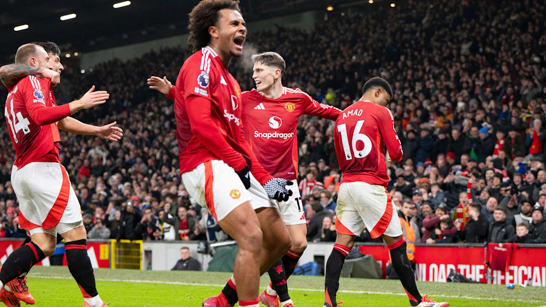 Manchester United players celebrating their 3-1 comeback win at home against Southampton on Thursday.