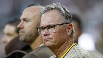 Sep 19, 2025; Chicago, Illinois, USA; San Diego Padres manager Mike Shildt (8) looks on from the sidelines before a baseball game between the Chicago White Sox and San Diego Padres at Rate Field. Mandatory Credit: Kamil Krzaczynski-Imagn Images