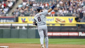 Aug 24, 2024; Chicago, Illinois, USA; Detroit Tigers outfielder Matt Vierling (8) rounds the bases after hitting a solo home run against the Chicago White Sox during the third inning at Guaranteed Rate Field.