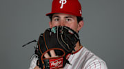 Philadelphia Phillies pitcher Andrew Painter (76) participates in media day at BayCare Ballpark. 