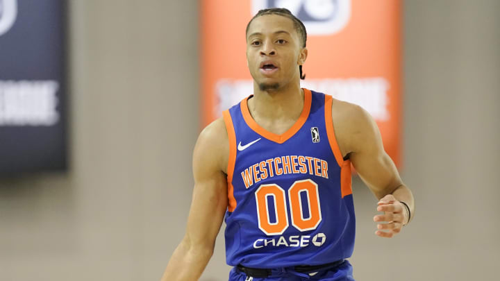 Dec 20, 2022; Las Vegas, NV, USA; Westchester Knicks guard Obadiah Noel (00) dribbles the ball during the second half against the Memphis Hustle at Mandalay Bay Convention Center. Mandatory Credit: Lucas Peltier-USA TODAY Sports