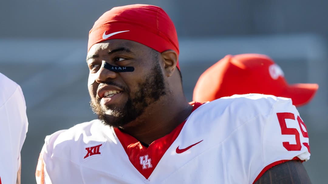 Oct 25, 2025; Tempe, Arizona, USA; Houston Cougars  offensive lineman Demetrius Hunter (59) against the Arizona State Sun Devils at Mountain America Stadium. Mandatory Credit: Mark J. Rebilas-Imagn Images