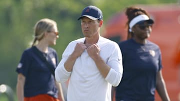 Jul 23, 2025; Lake Forest, IL, USA; Chicago Bears head coach Ben Johnson looks on during training camp at Halas Hall. Mandatory Credit: Kamil Krzaczynski-Imagn Images