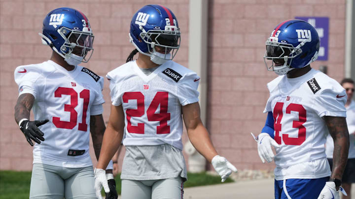 East Rutherford, NJ -- June 5, 2025 -- Defensive secondary of Nick Jones, Dane Belton and Raheem Layne as the New York Giants players participate in their 2025 OTAÕs at the Quest Diagnostic Giants Training Center in East Rutherford.