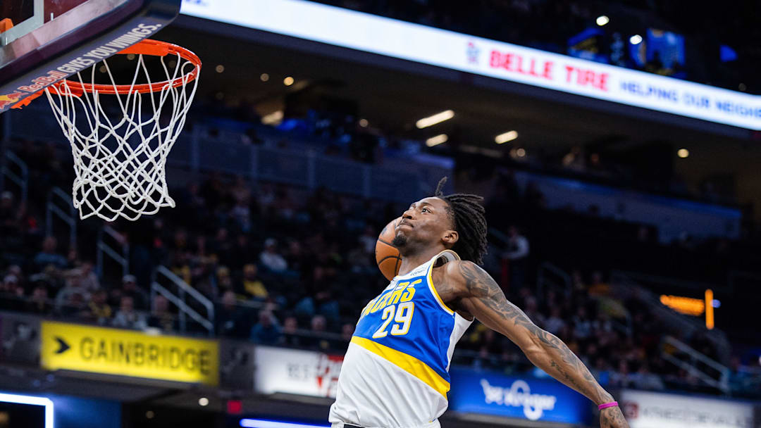 Feb 3, 2026; Indianapolis, Indiana, USA; Indiana Pacers guard Quenton Jackson (29) shoots the ball in the second half against the Utah Jazz at Gainbridge Fieldhouse. Mandatory Credit: Trevor Ruszkowski-Imagn Images