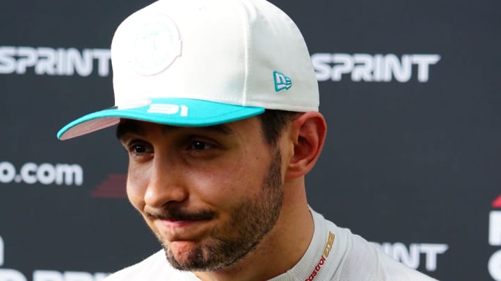 May 3, 2024; Miami Gardens, Florida, USA; Alpine driver Esteban Ocon (31) talks with the media after F1 Sprint Qualifying at Miami International Autodrome. Mandatory Credit: John David Mercer-USA TODAY Sports