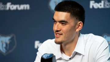 Zach Edey, a first-round draft pick for the Grizzlies, smiles during a press conference to introduce the team’s 2024 NBA Draft picks at FedExForum on Friday, June 28, 2024.